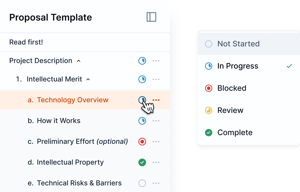 List of sections with different statuses in a Proposal Template