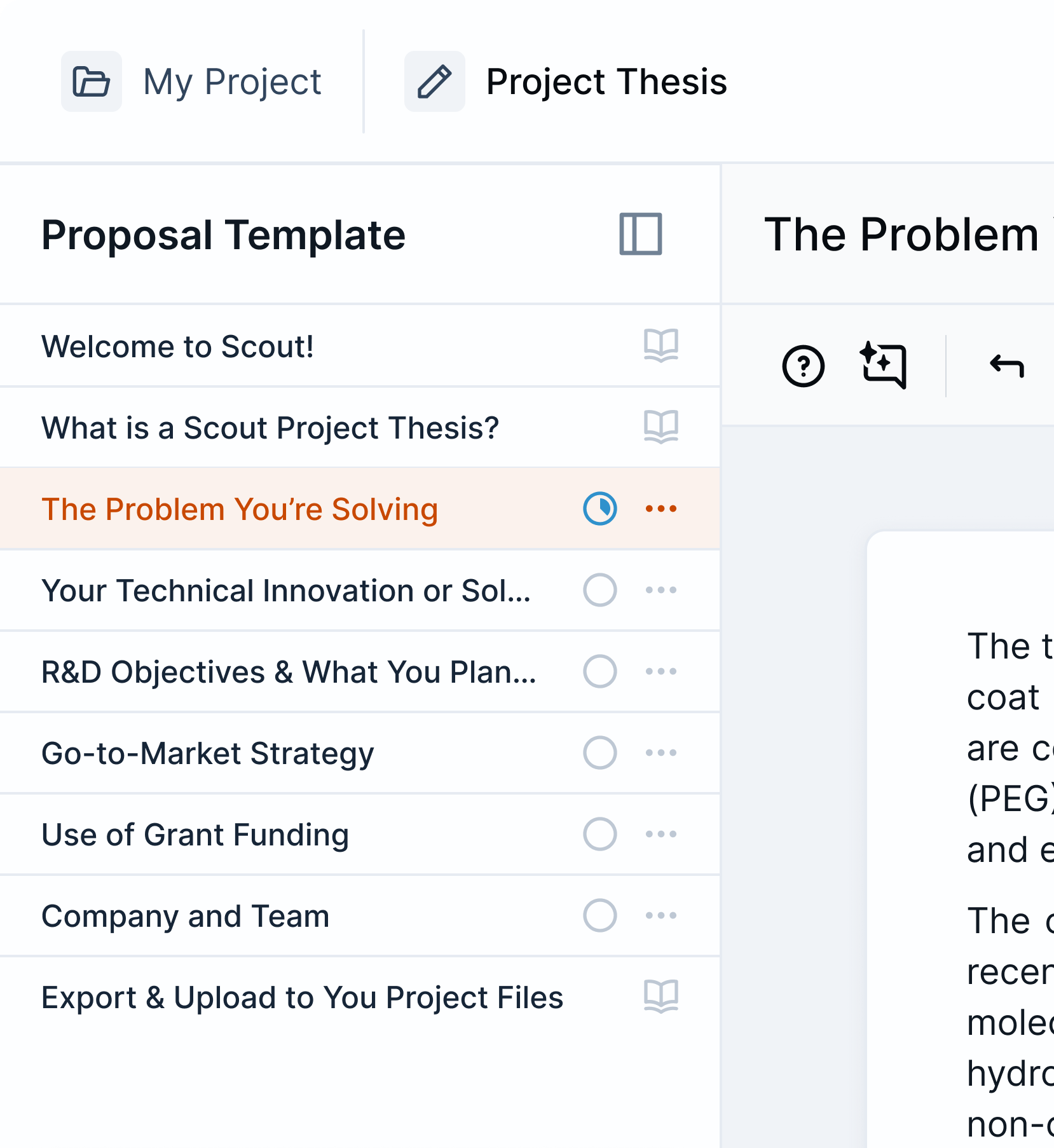 Scout AI proposal template and writing workspace with structured sections